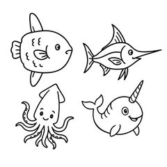 Cute sea animals with smiling faces including fish, squid, swordfish, and narwhal. Simple bold outlines, playful style, perfect for kids coloring books. © Crazy Monday Studio