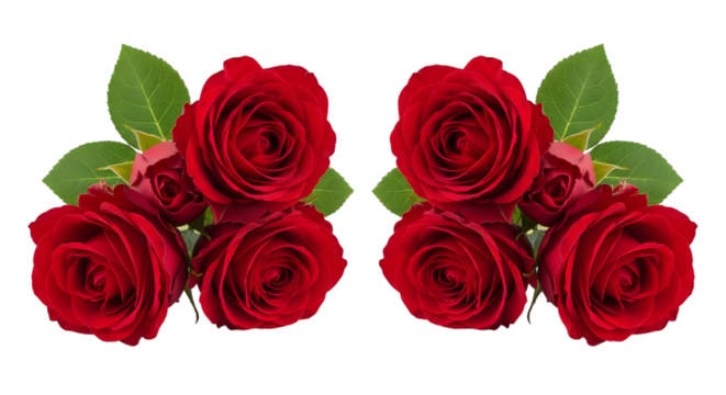 Two vibrant red roses with green leaves a repeating floral pattern isolated on transparent background - Powered by Adobe