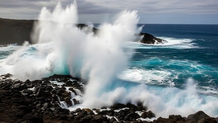 Powerful waves crashing against rocky shores