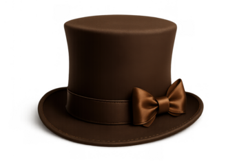 Brown top hat with satin bow tie, classic gentlemen's formal headwear, vintage fashion accessory on transparent background