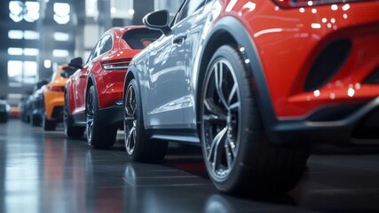 Showroom of various colored cars