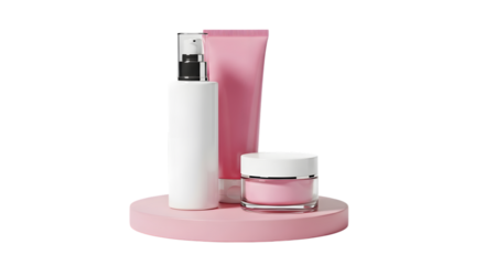 Elegant skincare products arrangement with pink accents including lotion cleanser and cream isolated on transparent background