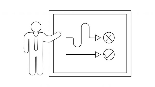 Line art depicts a person presenting two paths on a board one successful one not