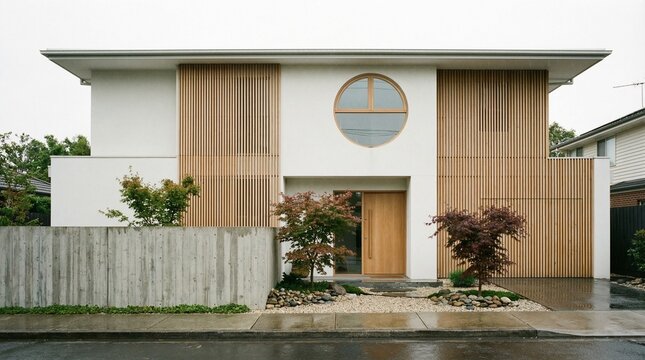 Modern Japanese-inspired architectural design with natural wood accents and circular window