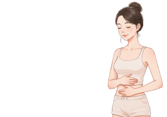 A serene young woman with dark hair in a bun, wearing a light tank top, eyes closed, hands on stomach, on a transparent background with copy space, concept of self-care