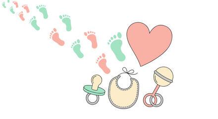 A charming illustration featuring baby footprints in pink and blue, leading towards a heart, pacifier, bib, and rattle, symbolizing new life and parental love.