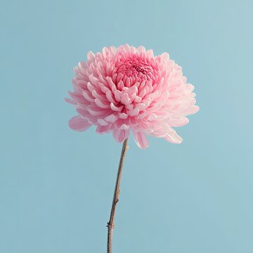 Pink pompom mum blossom against a light blue, minimalist background