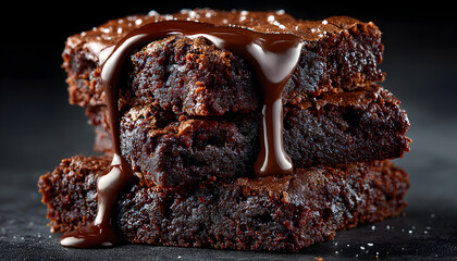 Rich chocolate brownie slices stacked with melted chocolate glaze. Moist baked squares with gooey topping, perfect dessert for any occasion. Decadent sweet treat.