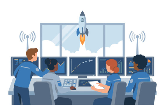 Team monitoring rocket launch from mission control center