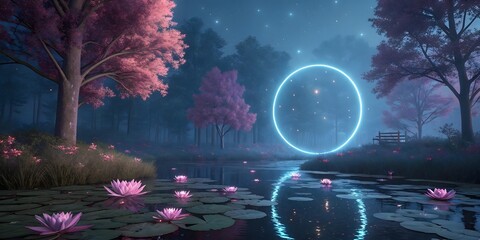 A glowing portal illuminates the magical forest pond filled with pink water lilies