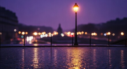 Night cityscape with reflections on wet surface, streetlamp glowing warmly