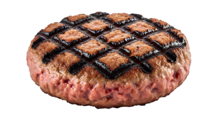 Realistic grilled hamburger patty texture with char marks isolated on transparent background