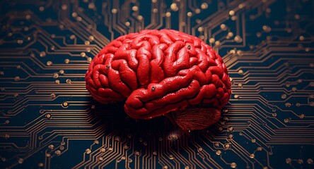 Abstract Neural Network, Red Brain on Circuit Board, Future Tech Exploration.