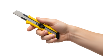 Hand holding a yellow and silver utility knife with a sharp blade isolated on transparent background