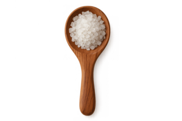 Sea salt crystals in a wooden spoon, measuring coarse seasoning ingredient for cooking, transparent background