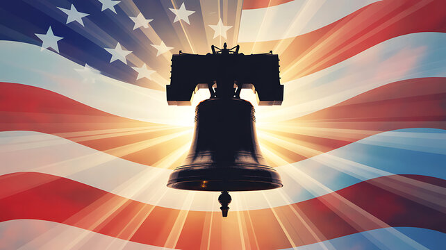 The liberty bell silhouette against a vibrant and radiating american flag background
