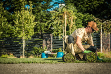 Man Laying Sod in a Garden During Sunny Daytime in a Residential Area