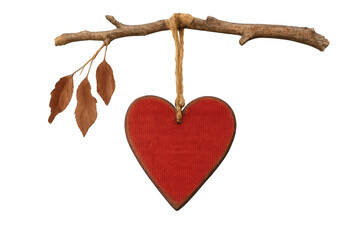 Red wooden heart ornament hanging from a rustic tree branch with autumn leaves on transparent background