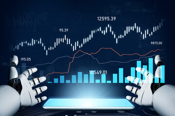 A futuristic robot hand interacts with a digital display of stock market data, showcasing trends and analytics in a sleek, technology-driven environment. Scalp