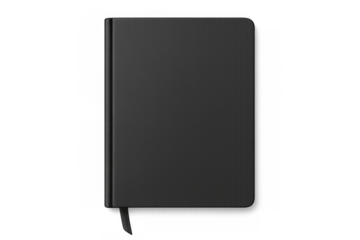 Black notebook cover mockup with bookmark isolated on a transparent alpha channel background