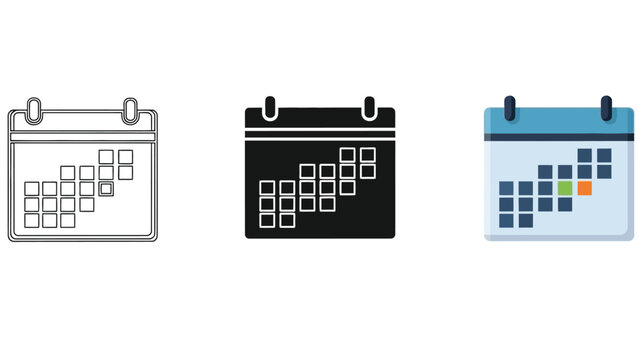 Set of three calendar icons representing date planning and scheduling in outline, solid black, and color flat design styles - Powered by Adobe