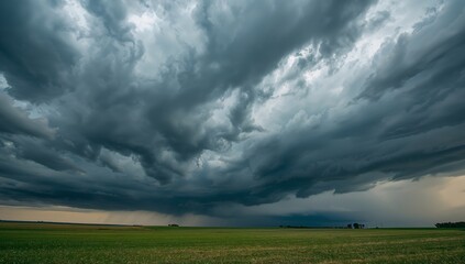 Abstract Sky Above the Open Field, Moody Dark Clouds, and Faint Rainfall, Landscape.