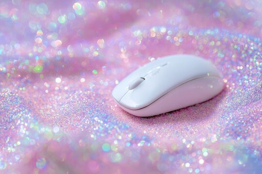 White computer mouse on a glittering, iridescent pink textured backdrop
