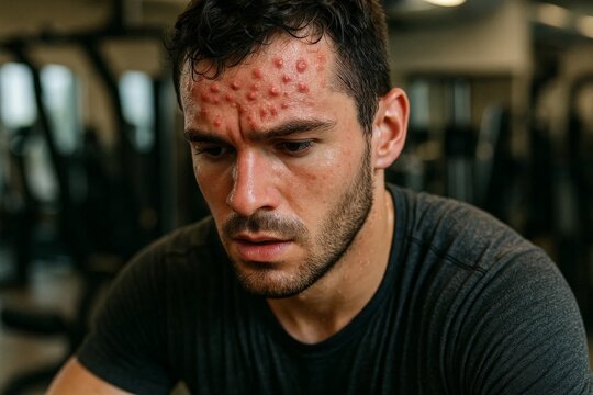 Young man sweating in gym with severe forehead acne breakout
