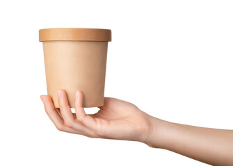 A hand holding a paper cup. The cup is brown and has a lid. The hand is holding the cup in a way that it is almost empty