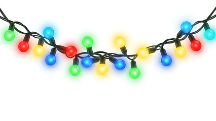 Bright glowing neon painting style Christmas lights string garland with colorful red green blue and yellow LED bulbs for festive designs