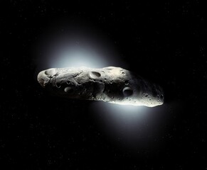 Interstellar asteroid in space. A cigarette-shaped space rock. An elongated celestial body from outside the solar system.