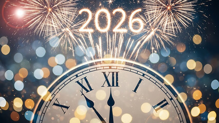 Elegant 2026 New Year invitation design with sparkling fireworks and a decorative clock face on a defocused festive backdrop