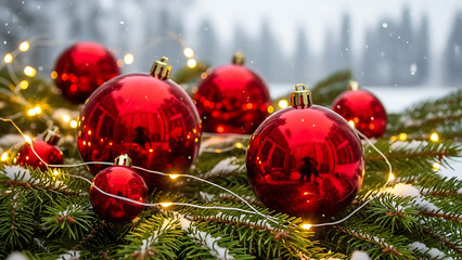 Traditional Christmas composition with fir needles, a decorative red ball, and golden glittering lights for winter celebrations