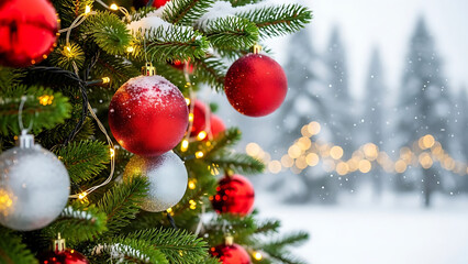 Elegant holiday season banner with red Christmas ornaments and evergreen pine branches against a sparkling winter backdrop