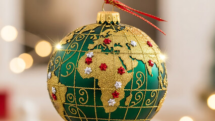 Elegant gold world map on a green Christmas ball ornament for global holiday celebrations