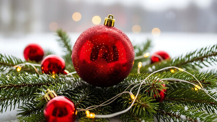 Festive Christmas red decorations featuring fir branches with a shiny ball and glittering lights on a winter background