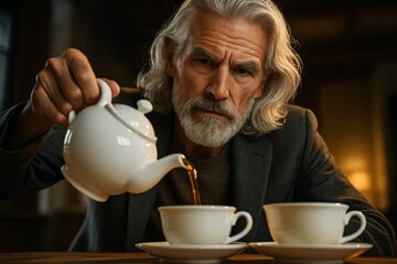 Serious senior man pouring tea from a white teapot into two cups at a cozy table, warm cinematic lighting.