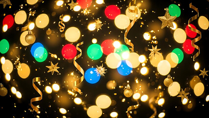 Modern Christmas celebration wallpaper featuring shiny golden decorations and isolated blurred bokeh lights