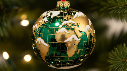 International Christmas celebration design featuring a shiny green and gold world map globe ball.