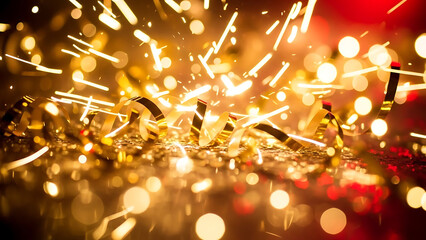 Abstract holiday background with bright gold sparkles and festive light blur glow for night celebrations