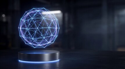 Holographic wireframe globe hovering above metallic pedestal on dark surface. Digital representation of global network and connectivity. Futuristic technology concept for virtual reality and data