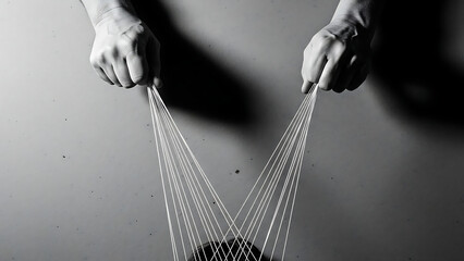 Abstract psychological metaphor of control and dominance showing hands with threads on a gritty paper background