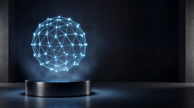 Blue glowing wireframe sphere hovering above black pedestal in dark room. Futuristic holographic orb representing digital technology and innovation. Sci-fi concept for virtual reality and network - Powered by Adobe