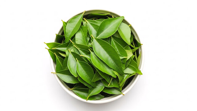 Fresh curry leaves in a small bowl isolated on white