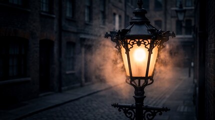 Vintage street lamp glowing warmly in misty cobblestone alley at night. Atmospheric old town scene with brick buildings and fog. Historical urban lighting for storytelling and mystery concepts.