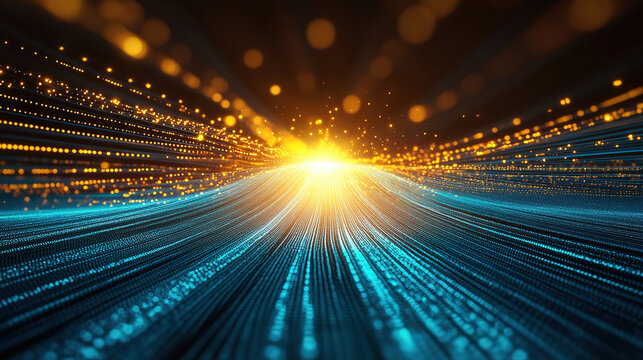 Blue financial data lines flowing into a glowing golden core represent capital inflow and wealth accumulation. Modern, clean, and professional