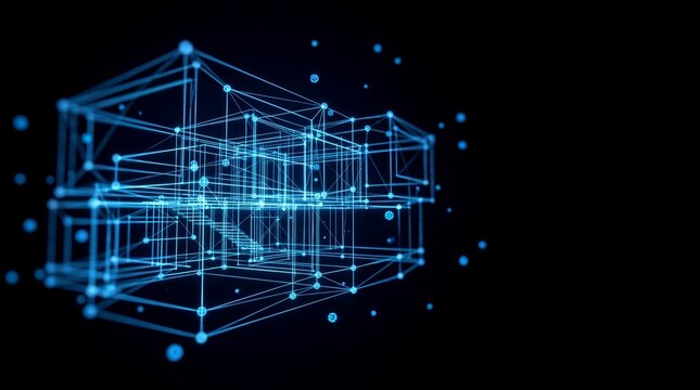 Blue wireframe house structure on black background. Digital 3D model of modern building. Virtual architecture blueprint for design and construction visualization.