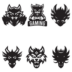 Black Color Mascot Style Gaming Logo Silhouette Vector Illustration, Solid White Background.