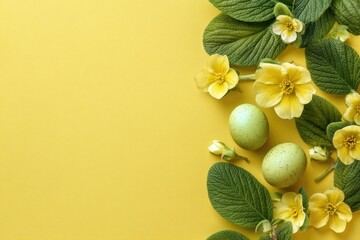 Easter eggs & yellow flowers with green leaves border bright yellow background