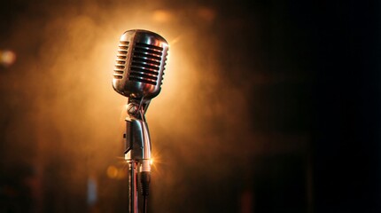 Vintage microphone on stage stand illuminated by warm spotlight. Music performance and live entertainment concept. Audio equipment for concerts broadcasting and podcasting sessions.
